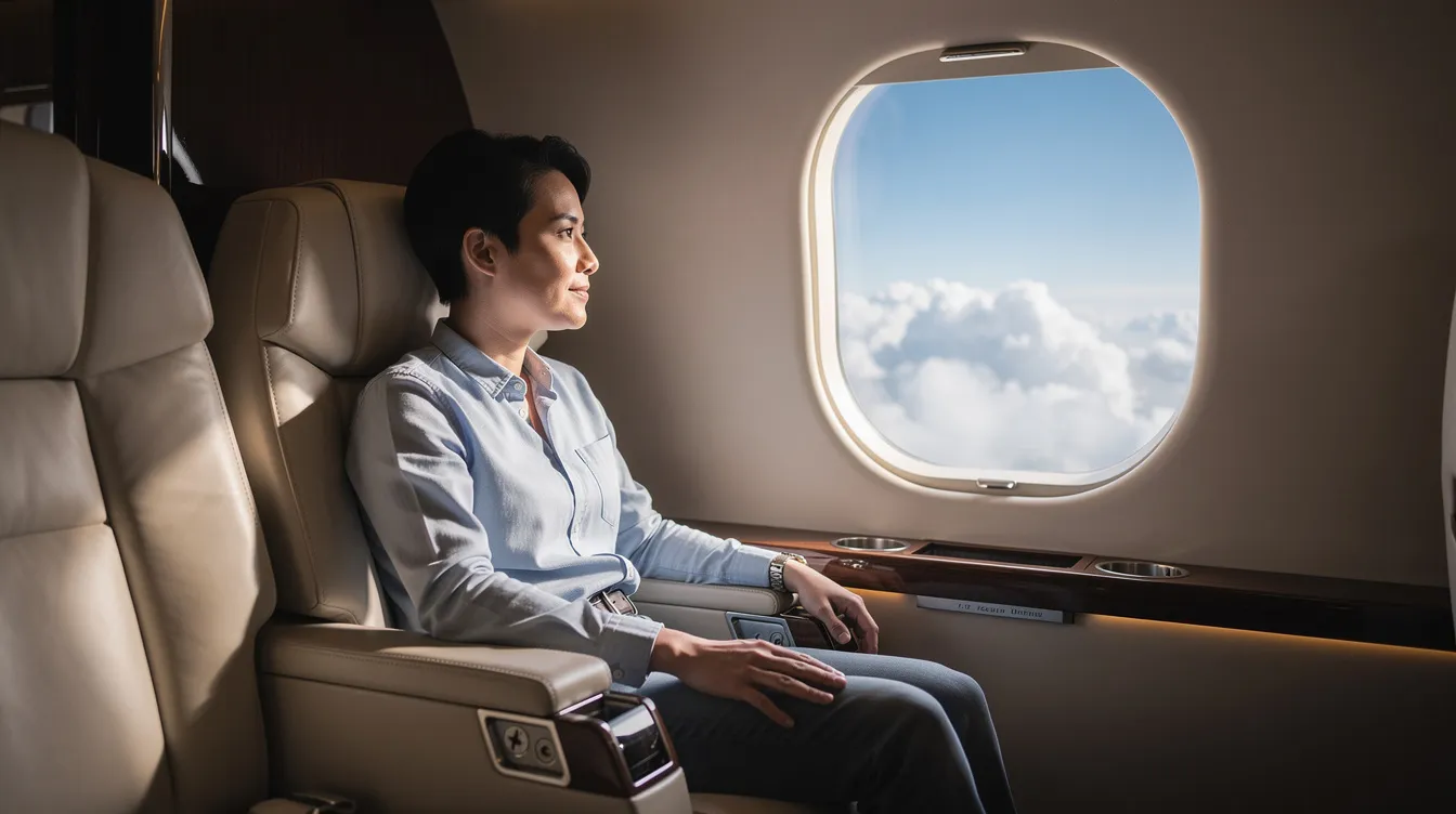 A person is seated calmly in a plush private jet seat, gazing out of a large oval window at a serene view of fluffy white clouds against a bright blue sky, embodying the luxury and tranquility of private aviation. This image captures the essence of private jet charter travel, highlighting the comfort and exclusivity of flying in a private jet.