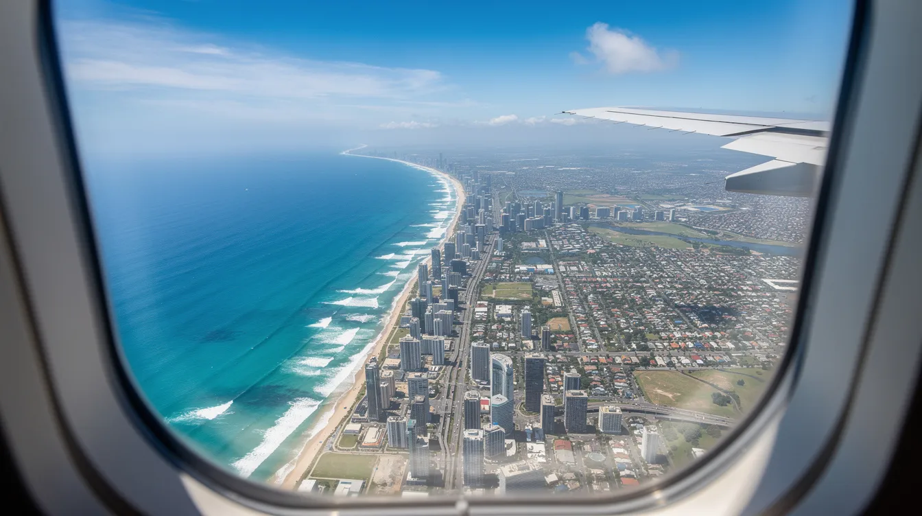 An aerial view from an airplane window showcases a vibrant coastal city, with clear blue waters and a sprawling cityscape below, highlighting the beauty of private aviation travel. This perspective emphasizes the luxury and convenience of private jet charters, perfect for those considering their next trip.