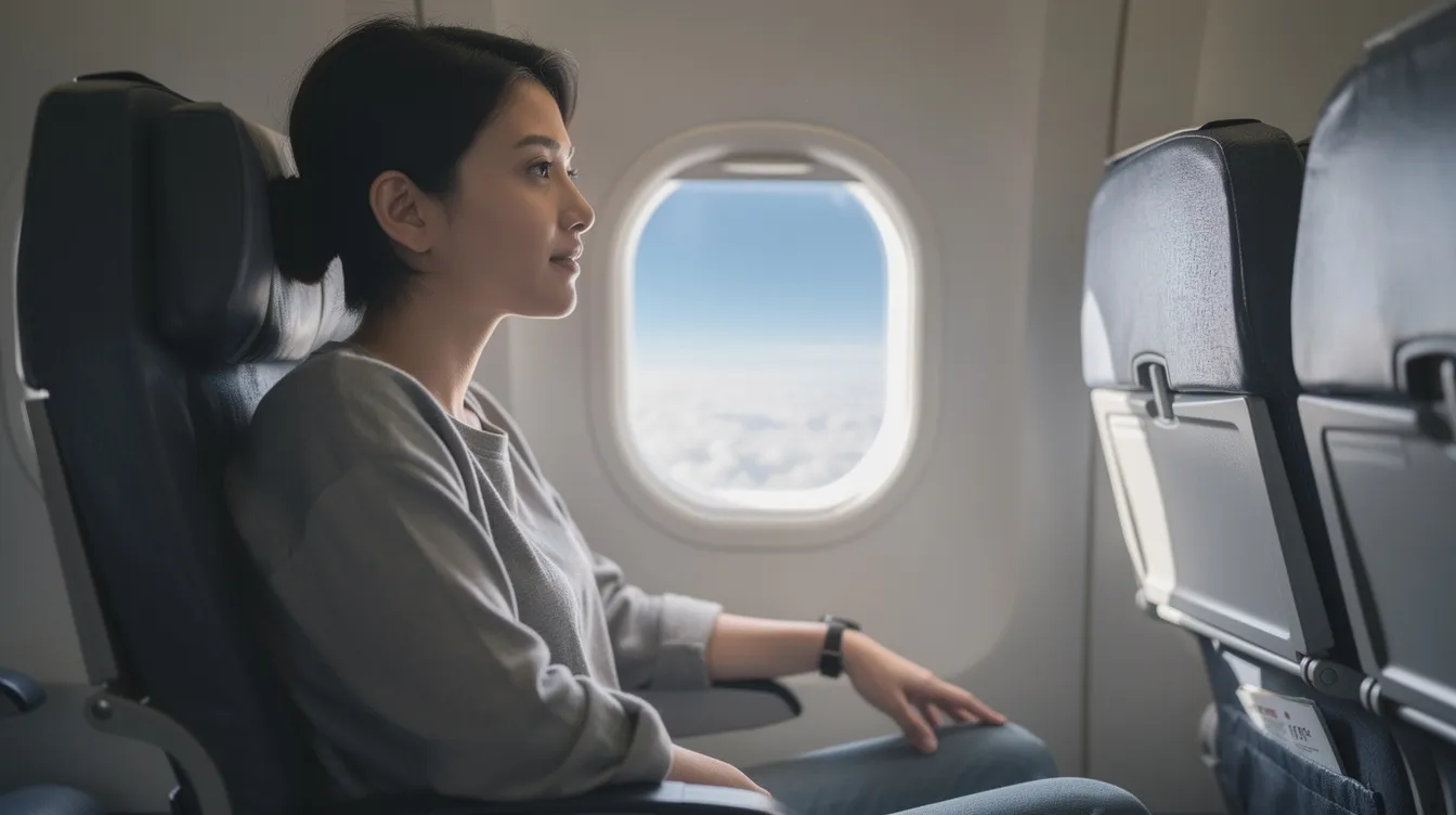 A person is sitting calmly in an airplane seat, gazing out the window at a clear blue sky above fluffy white clouds, enjoying the serene flight experience. This peaceful moment captures the essence of air travel, where one can track flights and enjoy the best flight tracking experience.