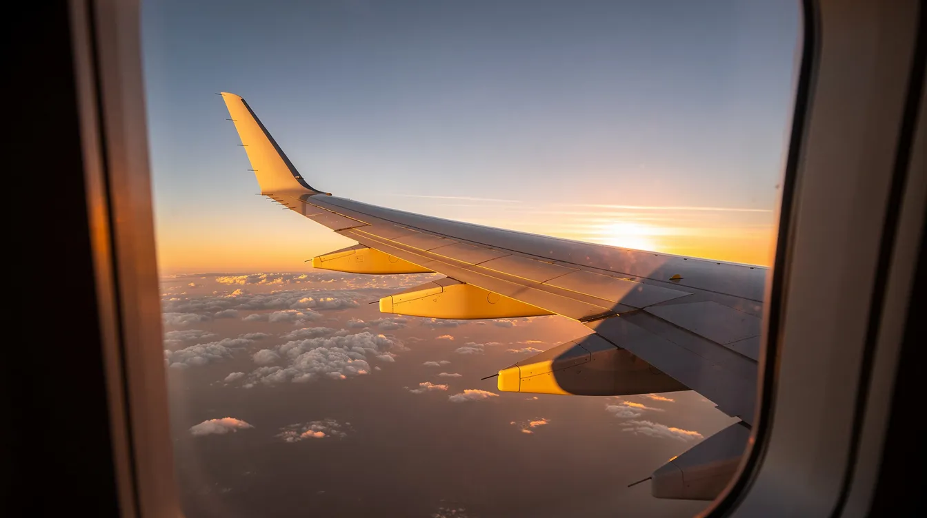 The image shows an airplane wing extending out from a passenger window, framed against a serene golden sunset sky. This tranquil scene captures the essence of flight, evoking the feeling of being high above the world while tracking flights with a popular flight tracker app.