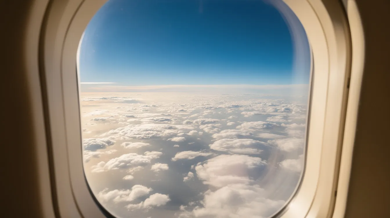 The image captures a breathtaking view from the window of a Bombardier Challenger 350 private jet, showcasing sunlit clouds below against a deep blue sky, emphasizing the luxury and comfort of flying aboard this super midsize aircraft. This serene high-altitude scene offers a glimpse into the exclusive experience of traveling with eight passengers in style, surrounded by hand-stitched leather seats.