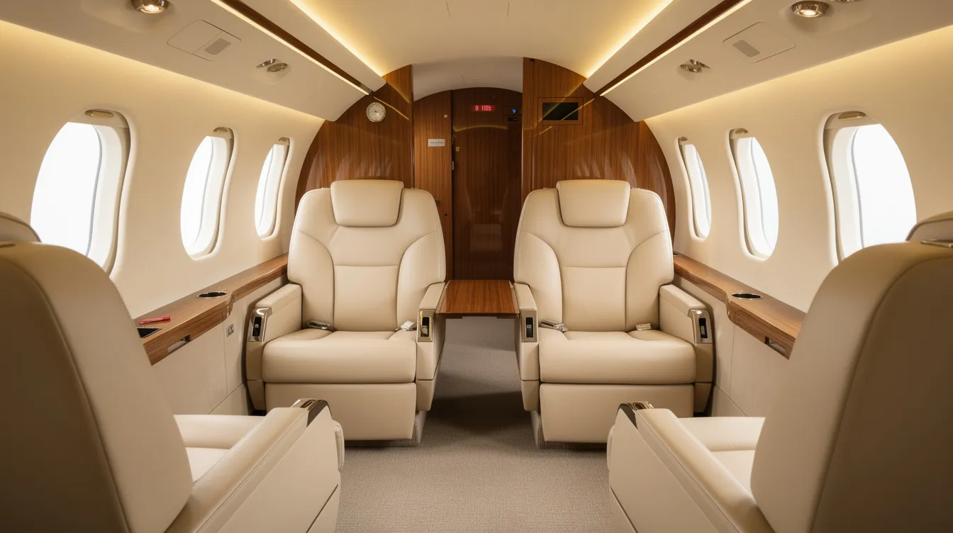 The image depicts the luxurious interior of a Bombardier Challenger 350 business jet cabin, featuring handstitched leather seats arranged in a double club configuration for seating up to eight passengers. The space is illuminated by warm lighting and large windows, creating a comfortable and stylish environment for flight.