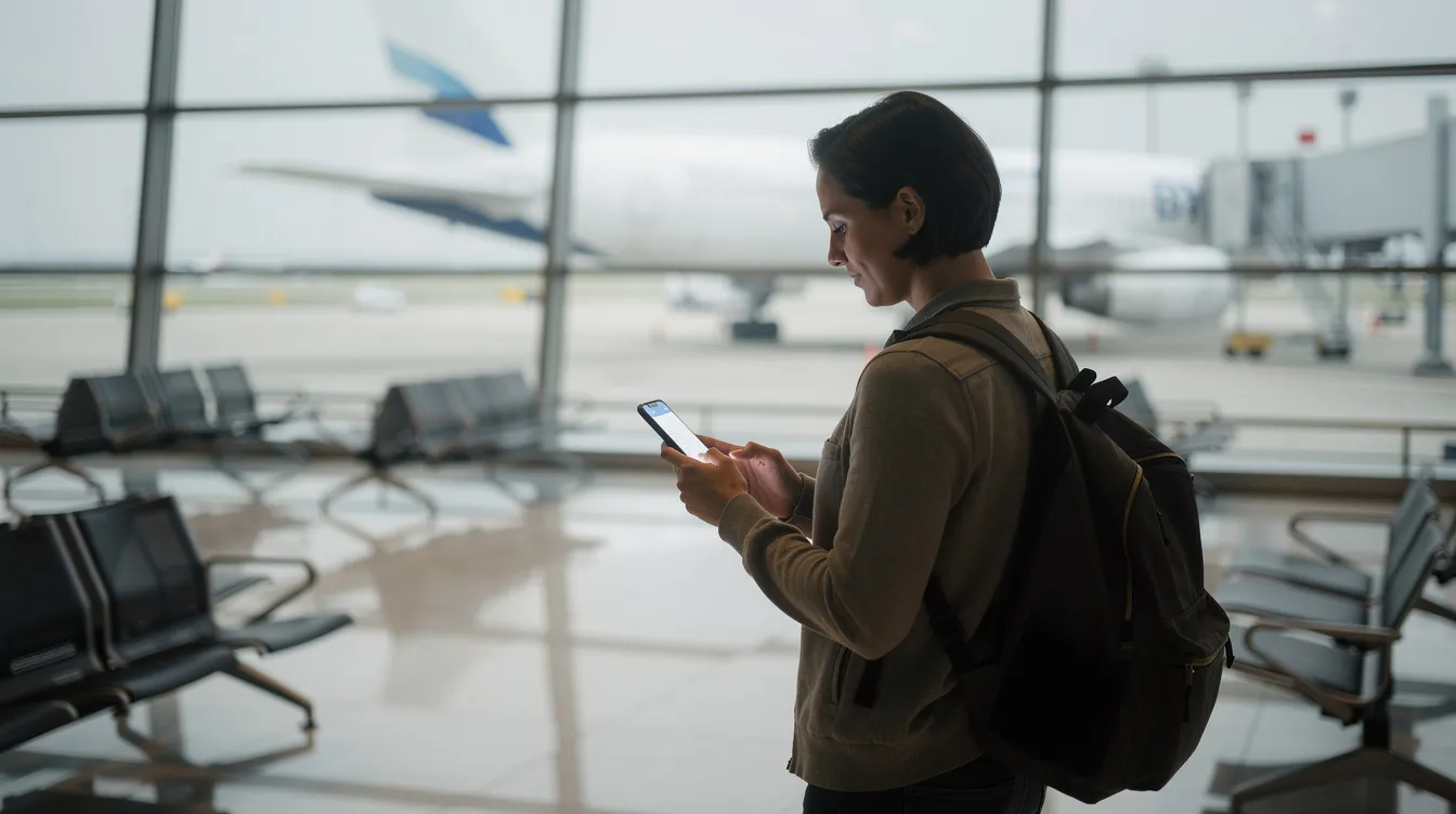 A calm traveler at an airport gate is intently looking at their smartphone, possibly using a flight tracker app to check flight details and current delay stats. The scene captures the essence of modern travel, where technology aids in tracking flights and managing trip plans.