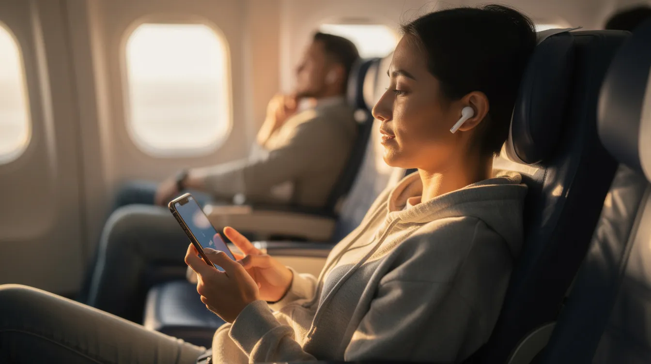 A person is comfortably seated in an airplane, wearing earbuds and holding a phone, likely using a flight tracker app to check flight details and current delay stats. The relaxed atmosphere suggests they are enjoying their journey while staying informed about their flight status.