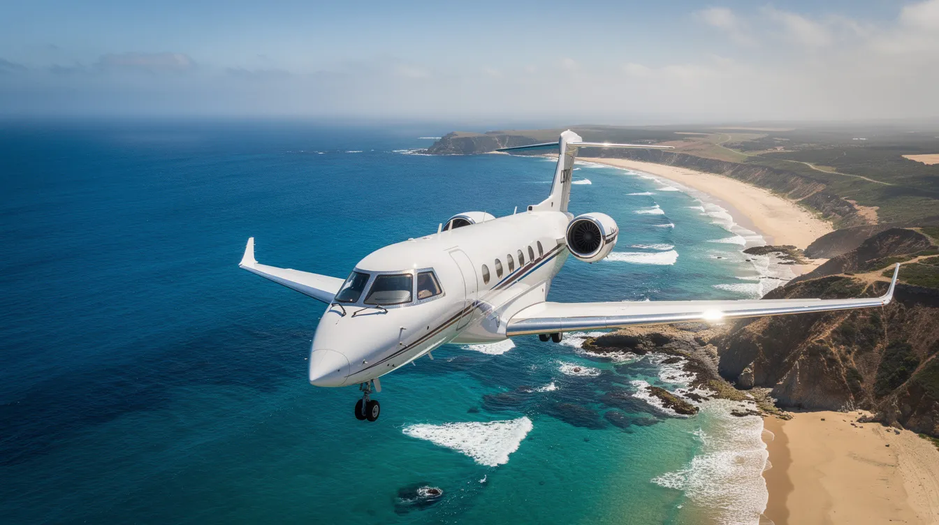 An aerial view captures a sleek private jet soaring above a vibrant blue ocean coastline, highlighting the allure of private aviation and the luxury of fractional jet ownership. The scene emphasizes the freedom and exclusivity of flying with a business aircraft, showcasing the beauty of travel on demand.