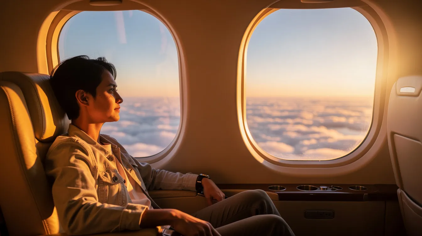 A relaxed traveler is gazing out of a private jet window at fluffy clouds illuminated by the warm hues of golden hour, embodying the luxury and comfort of private aviation. This serene moment highlights the benefits of fractional jet ownership and on-demand charter services, offering guaranteed access to a fleet of aircraft options tailored to individual needs.