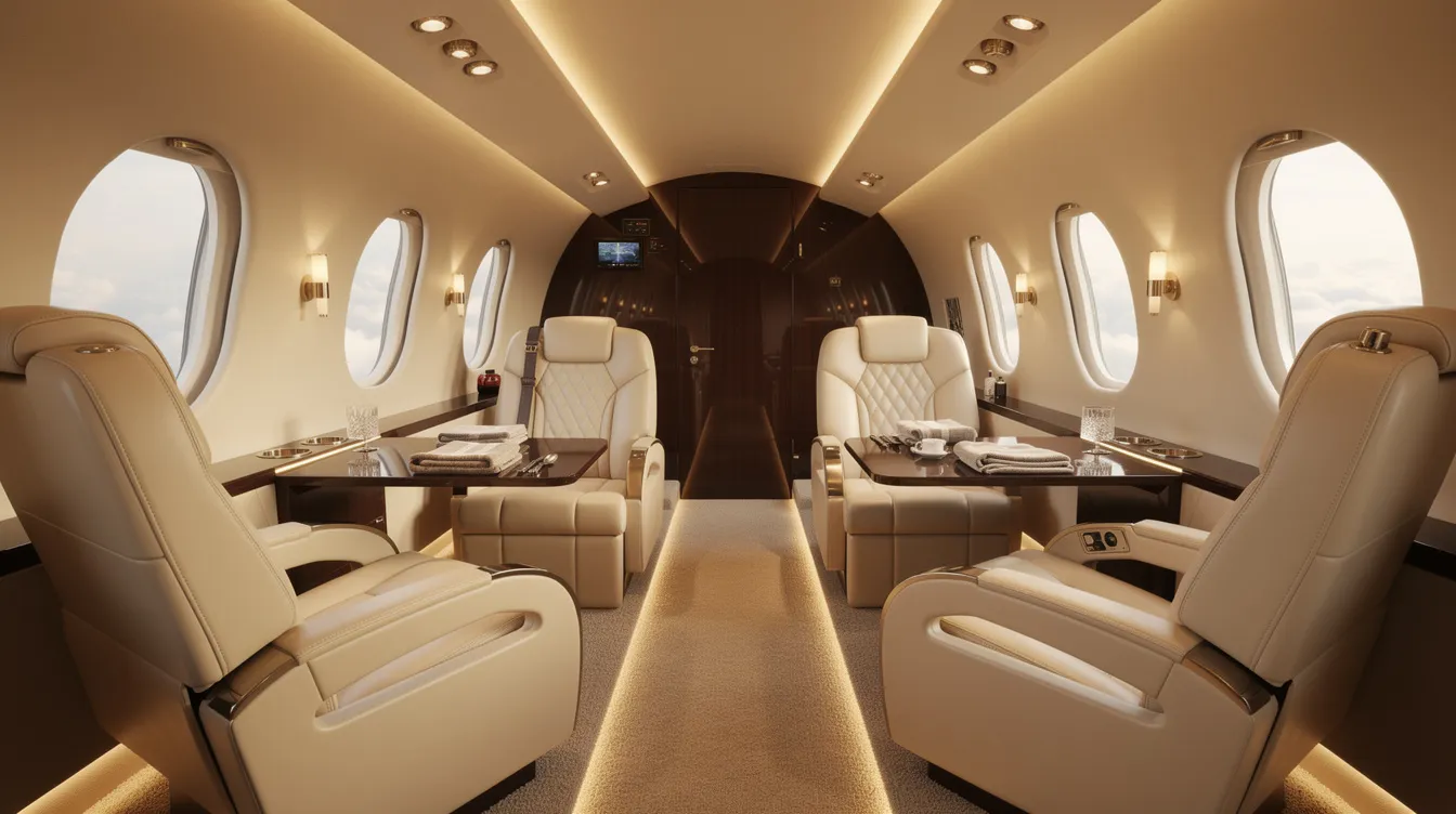 The image depicts the interior of a spacious private jet cabin, featuring cream leather seats and warm lighting that creates a luxurious atmosphere. This elegant setting is ideal for business aircraft travel, reflecting the high service quality associated with fractional jet ownership and private aviation experiences.