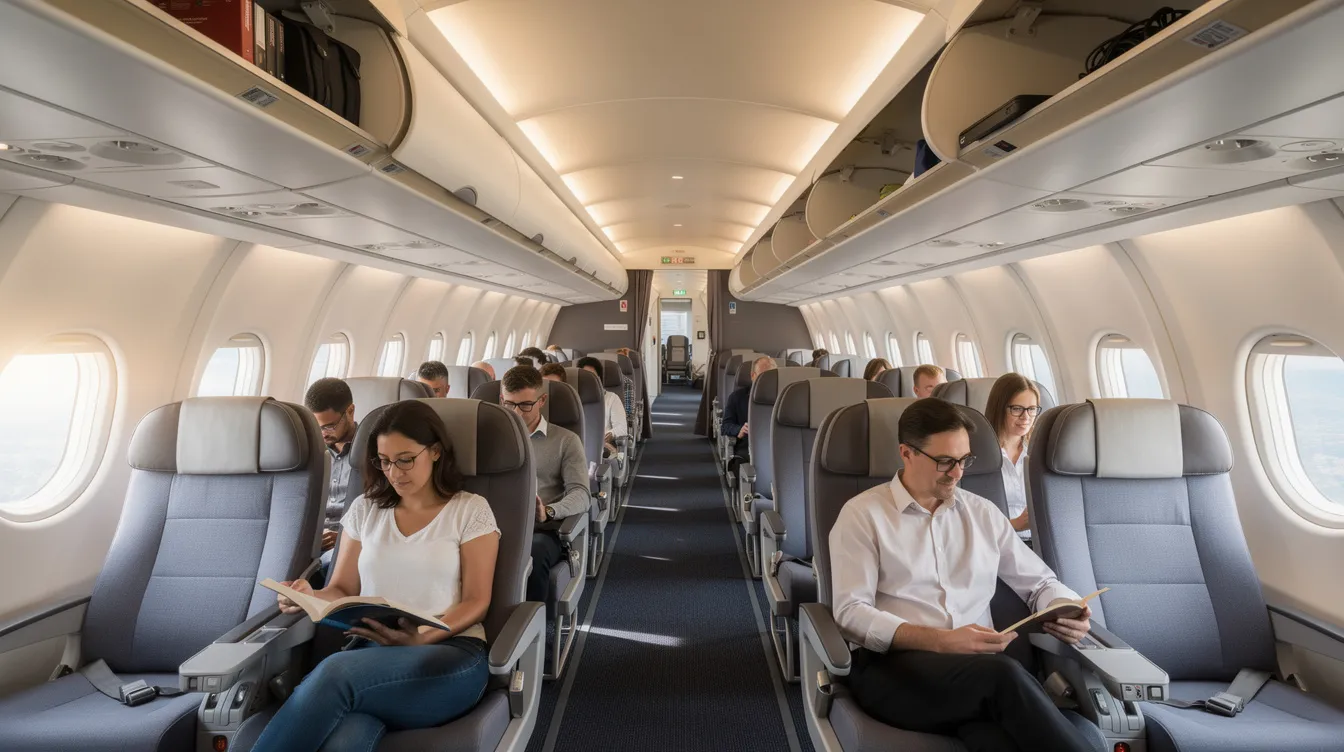The image depicts a spacious wide-body aircraft cabin interior featuring two aisles of seating, illuminated by overhead lighting, creating a calm atmosphere during a daytime flight. The arrangement highlights the comfort and design of commercial aircraft, suitable for both business jets and passenger transportation.