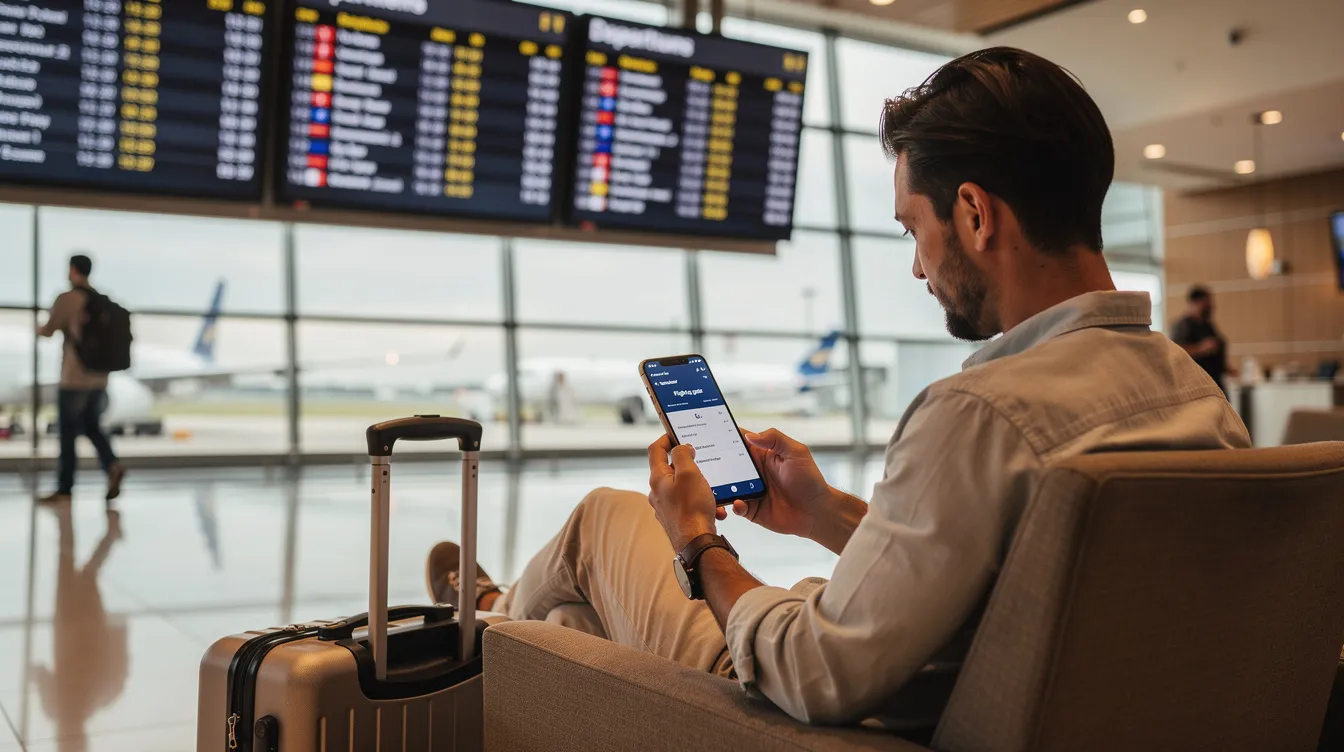 A traveler is seated in an airport lounge, focused on their smartphone to check flight information, while departure boards displaying various flight details are visible in the background. The scene captures the essence of modern transportation and the importance of staying fully updated on flight status.