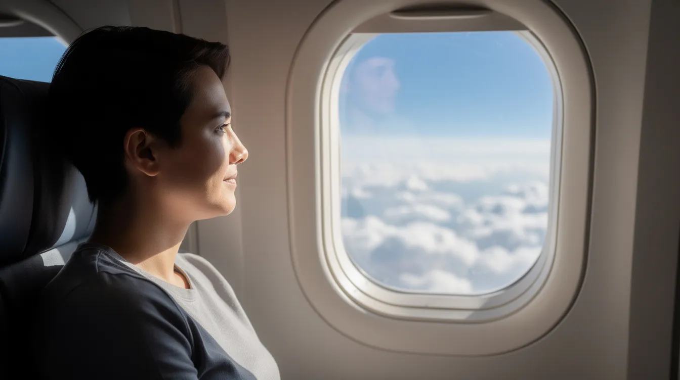 A calm passenger gazes out of an airplane window, taking in the serene view of fluffy white clouds against a bright blue sky during a smooth cruise phase of their flight. The scene captures the tranquility of air travel, highlighting the peacefulness that comes with soaring above the world in a commercial aircraft.