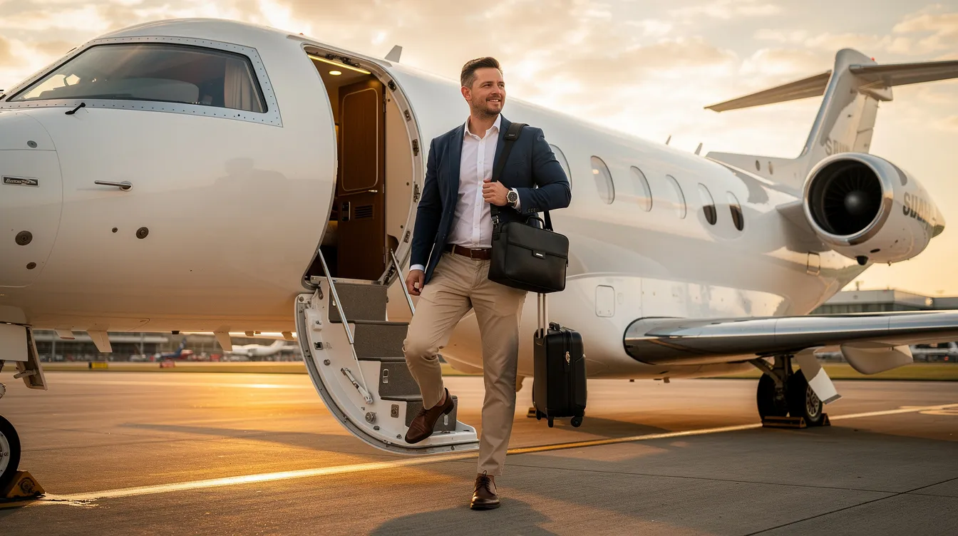A business traveler dressed in smart casual attire is stepping aboard a sleek private jet, showcasing the luxury of private aviation. This scene highlights the convenience and comfort of flying private, with options like NetJets jet card programs offering guaranteed access to a vast fleet of light and midsize jets.