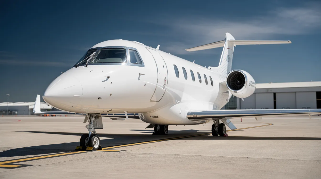 A sleek white private jet is parked on a sunlit tarmac under a clear blue sky, showcasing the elegance of private aviation. This luxurious aircraft represents the high standards of private jet travel and the benefits of programs like NetJets for guaranteed access and cost transparency.