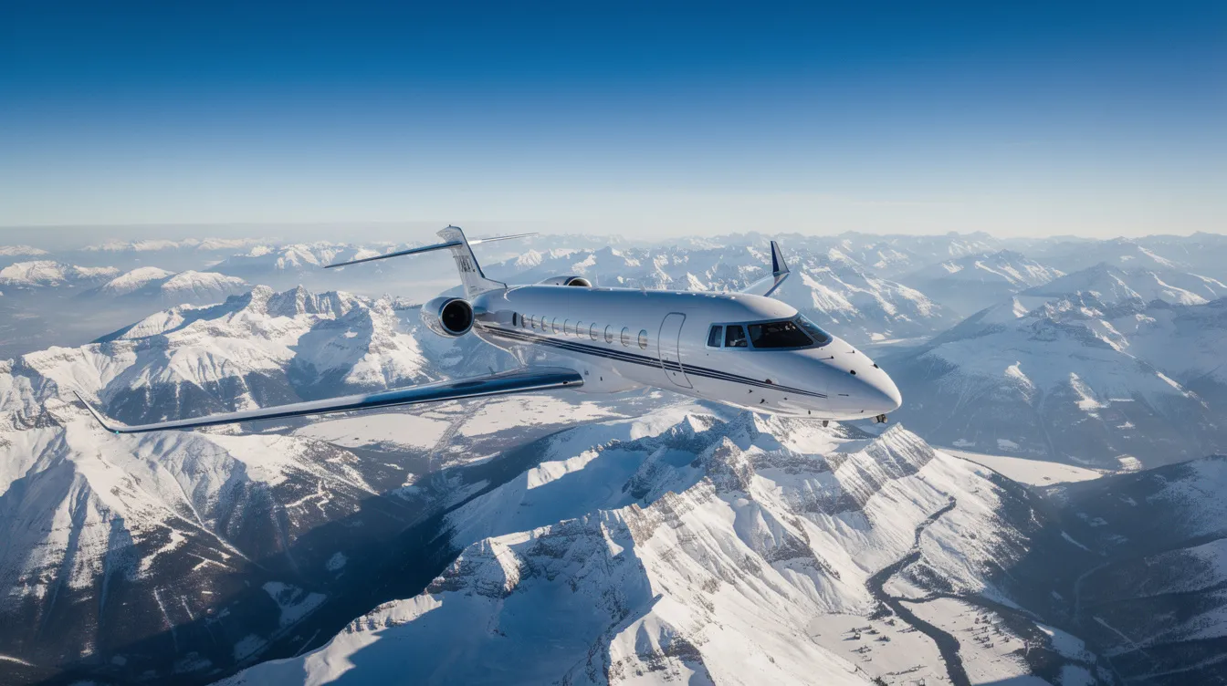 A sleek private jet glides gracefully over snow-covered mountain peaks under a clear blue sky, showcasing the beauty of private aviation. This image captures the essence of luxury travel, highlighting the expansive views and the freedom offered by fractional ownership and jet card programs.