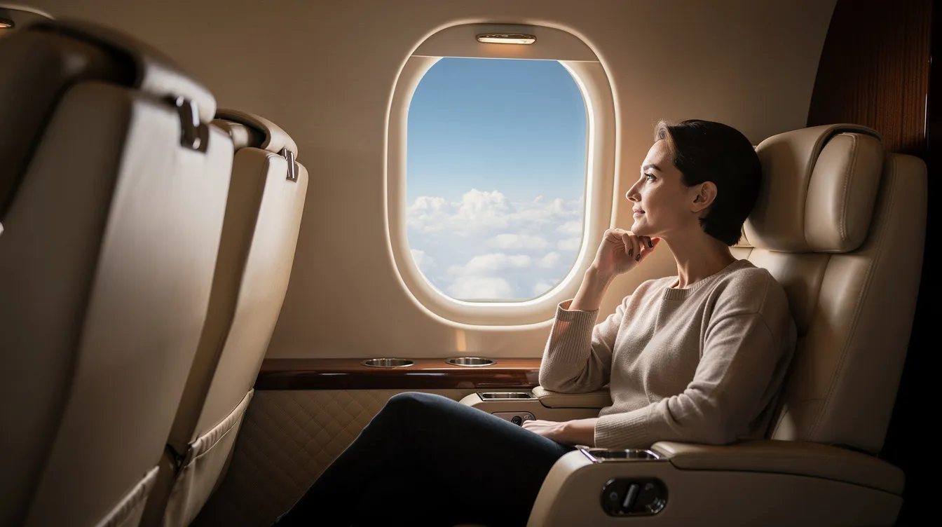 A relaxed passenger sits comfortably in the cabin of a small private jet, gazing out the window at the clear blue sky, enjoying the luxury and tranquility of private aviation. The scene captures the essence of flying in a light jet, highlighting the freedom and convenience offered by jet card programs.