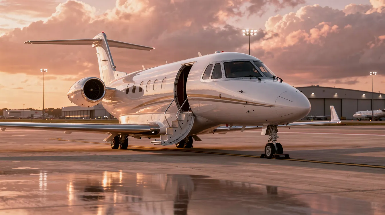 A sleek light private jet is parked on a tarmac at sunset, with its cabin door open, inviting passengers to board. This image captures the essence of private aviation, showcasing the elegance and accessibility of private jets, ideal for those considering jet card programs or fractional ownership options.