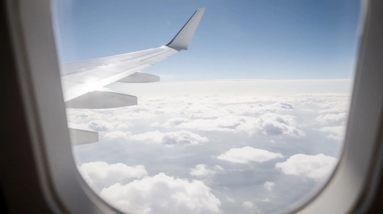 The image captures a serene view from an airplane window, showcasing the aircraft's wing gracefully extending above a blanket of fluffy white clouds under a bright blue sky, ideal for travelers enjoying their flight. This peaceful scene highlights the comfort and spaciousness of the cabin, making it a great choice for passengers seeking a calm flying experience.