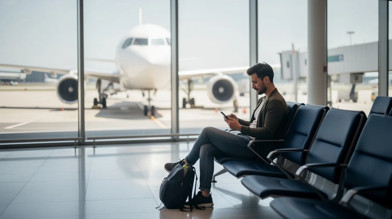A traveler is sitting at an airport gate, intently looking at their smartphone while an airplane is visible through the terminal window. The scene captures the anticipation of flight, with the passenger likely checking flight details or seat availability for their upcoming journey.
