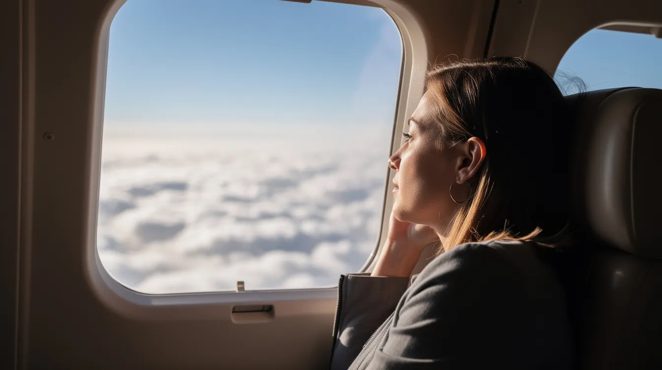 A calm passenger gazes out the window of a small aircraft, observing the fluffy clouds below as they fly through the sky, embodying the tranquility of private jet travel. This serene moment highlights the benefits of flying with private jet companies, offering a unique perspective on the world from above.