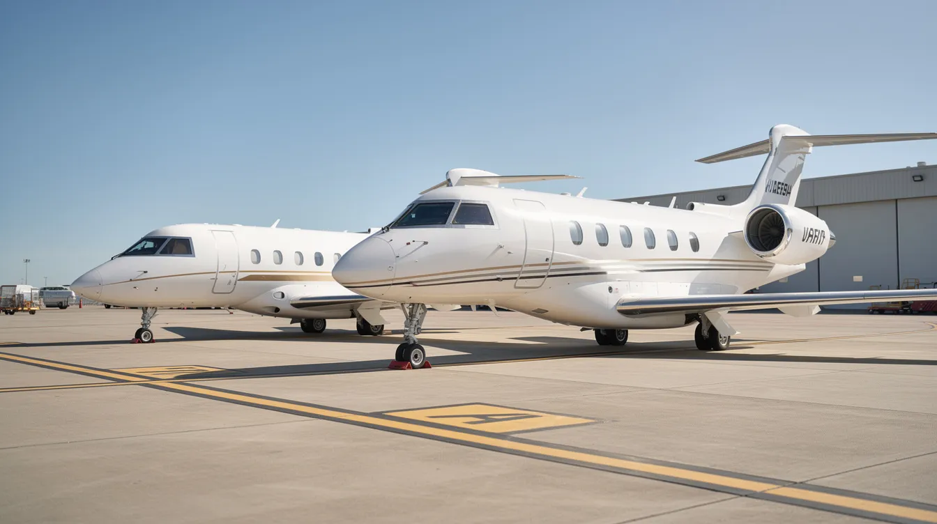 The image shows three private jets of varying sizes parked on an airport ramp, set against a backdrop of clear blue skies. This scene highlights the diversity in aircraft types often associated with private jet companies, emphasizing options available for travelers considering private aviation services.