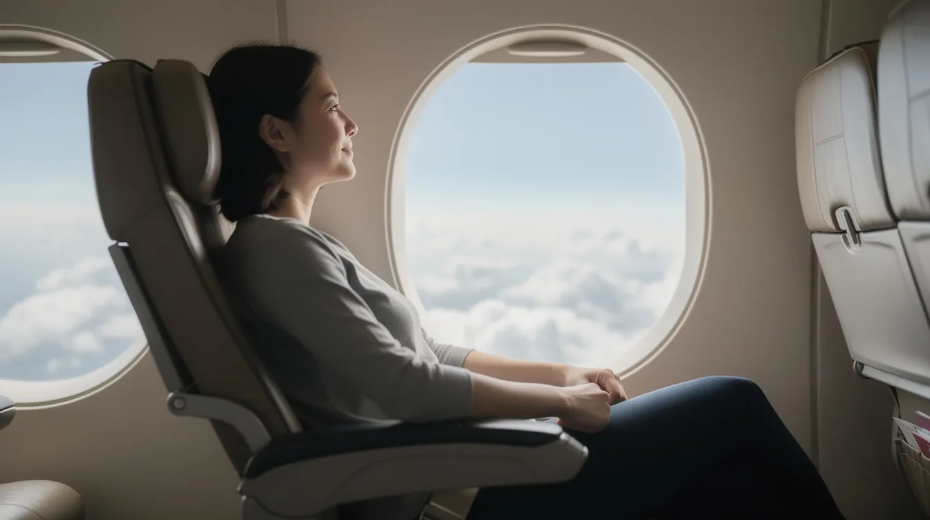 A calm passenger sits in an airplane seat, gazing peacefully out the window at fluffy clouds, enjoying the serene flight experience. The tranquil scene captures the essence of air travel, perfect for those tracking flights or reminiscing about past flights.