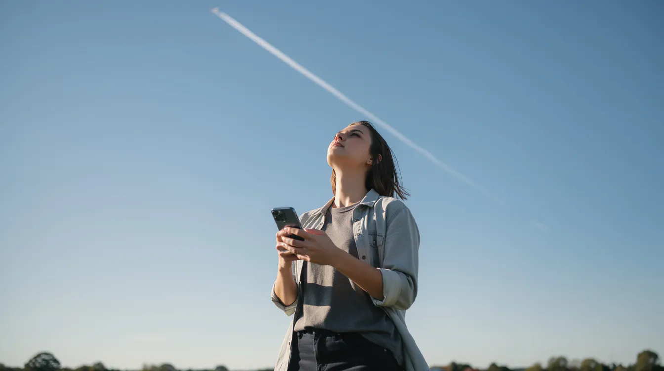 A person is standing outdoors, gazing up at a clear blue sky where a distant airplane contrail is visible. They are holding a smartphone, likely using a flight tracker app to identify flights overhead and access flight details.