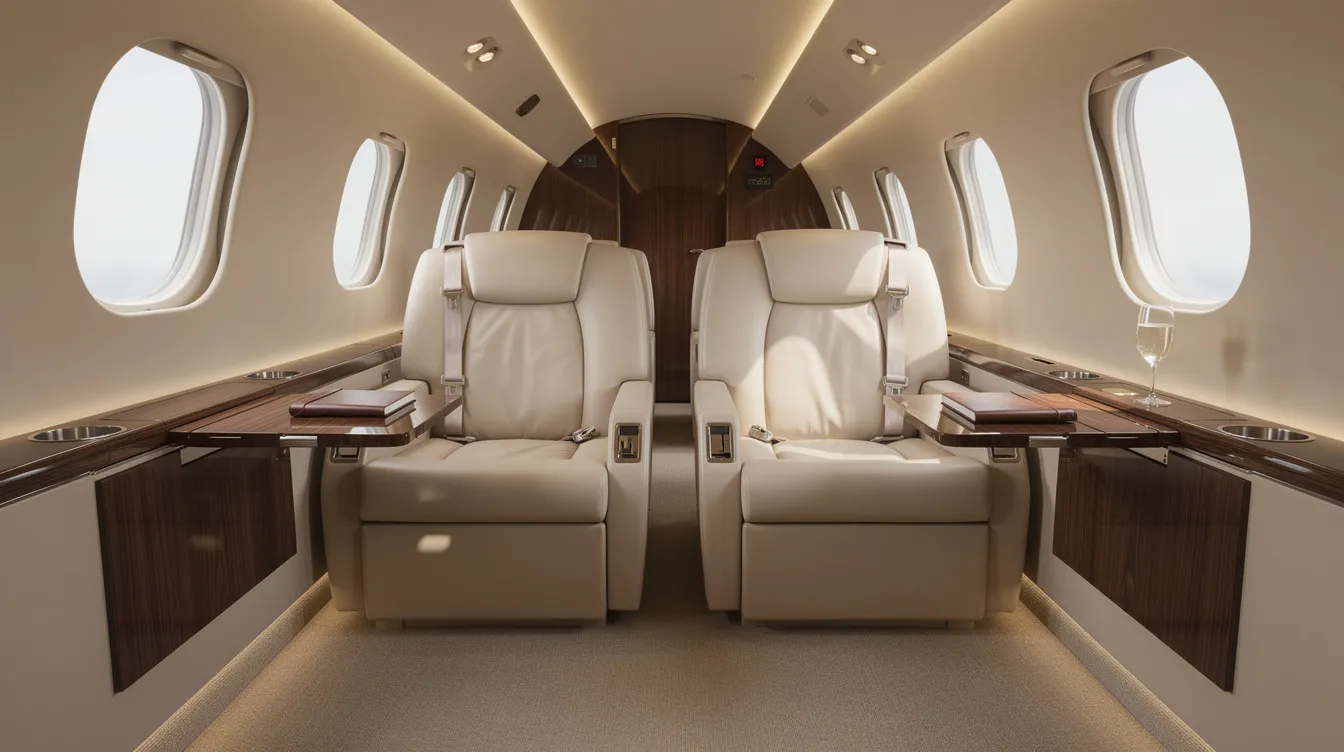 The image showcases the interior of a midsize private jet cabin, featuring elegant cream leather seats and sophisticated wood grain accents, ideal for private jet travel. This luxurious setting reflects the comfort and style associated with private jet charters, making it perfect for both domestic and international flights.