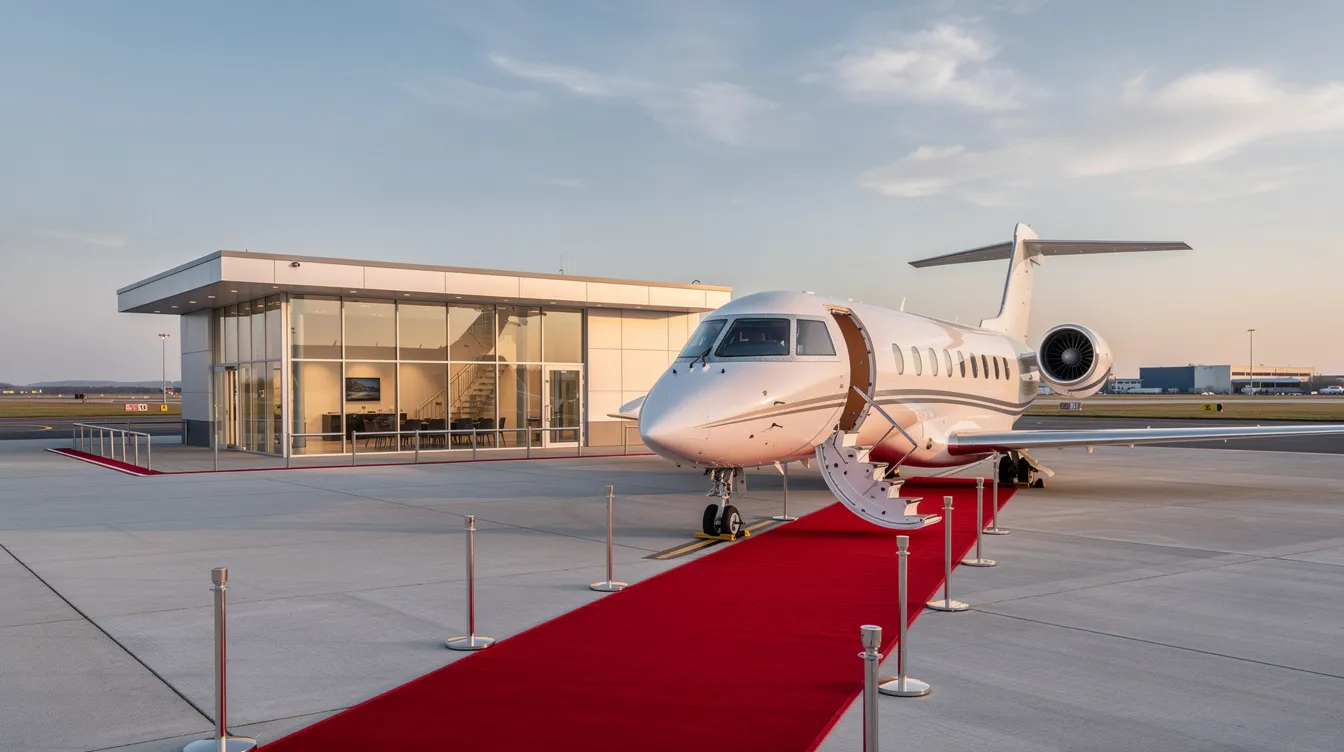The image features a small private terminal building with a sleek white business jet parked outside, complemented by a luxurious red carpet leading up to the aircraft stairs, emphasizing the elegance of private jet travel. This setting highlights the convenience and exclusivity associated with private jet charter services.