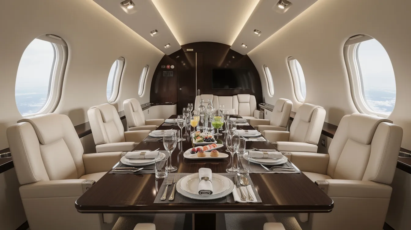 The image depicts an elegant wooden table set with sophisticated place settings and a variety of refreshments inside a spacious private jet cabin, showcasing the luxurious atmosphere of private jet travel. This setting highlights the premium experience offered by private jet charter services, making it ideal for those seeking comfort during their flights.