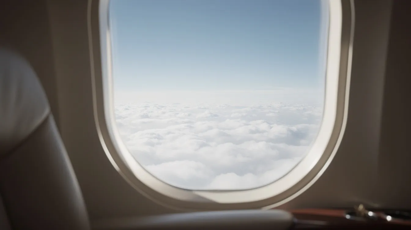 The image captures a stunning view from a private jet window, showcasing a vast expanse of clear blue sky above a fluffy layer of white clouds, symbolizing the luxury and freedom of private jet travel. This serene aerial perspective highlights the beauty of flying privately, often associated with private jet charter services and exclusive charter flights.