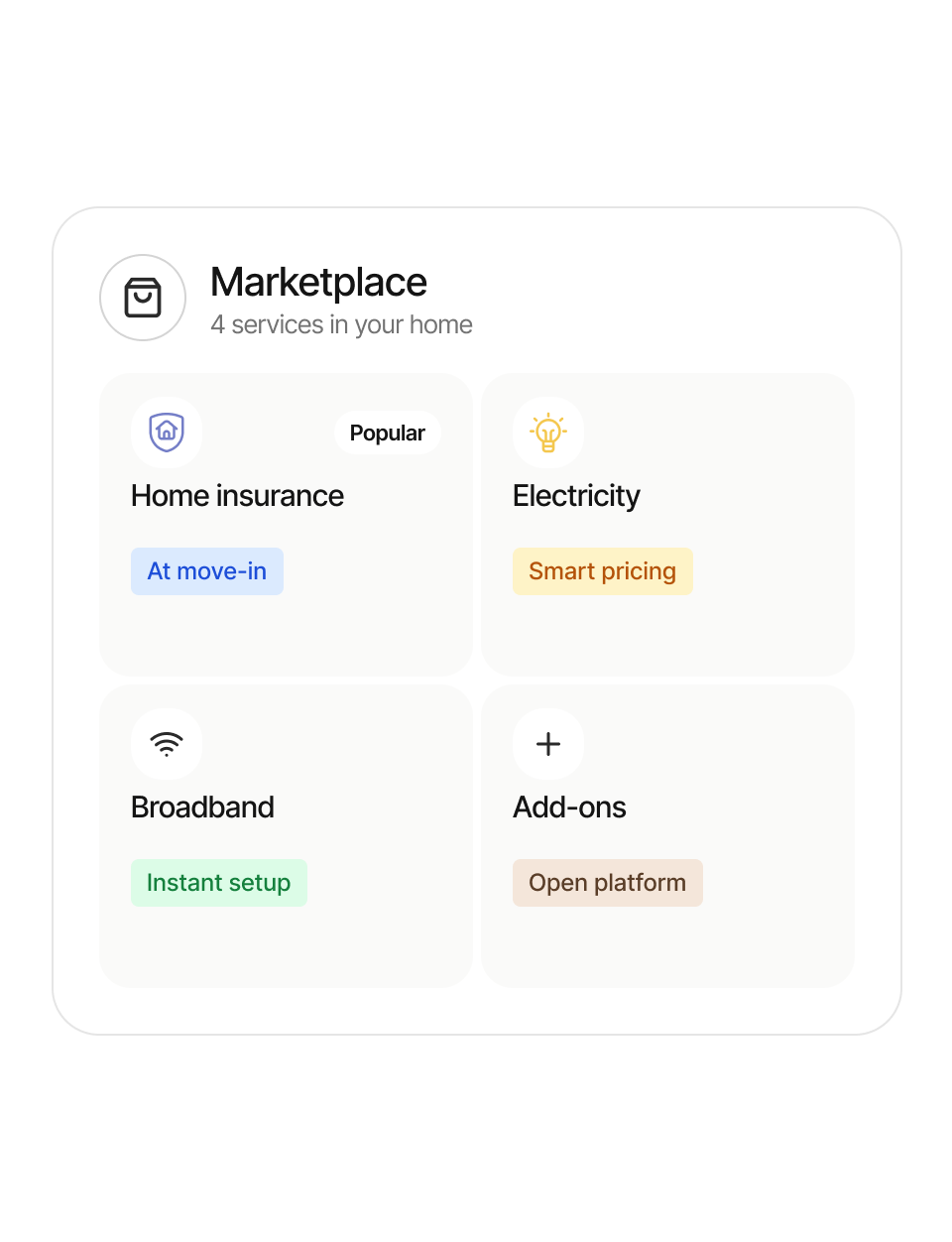 Marketplace with home insurance, electricity, broadband and add-ons in the Avy app