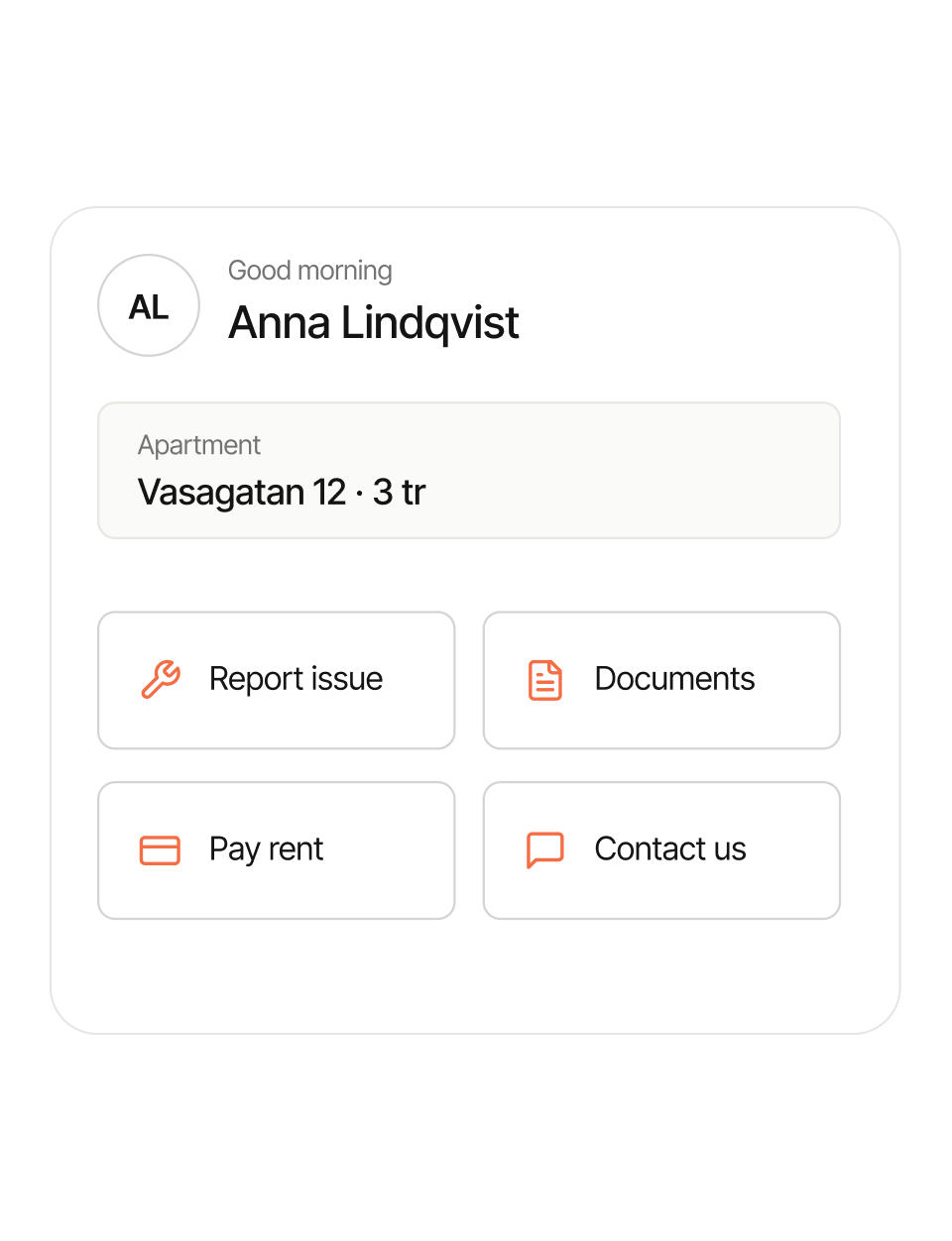 Avy app home view for a tenant with report issue, documents, pay rent and contact