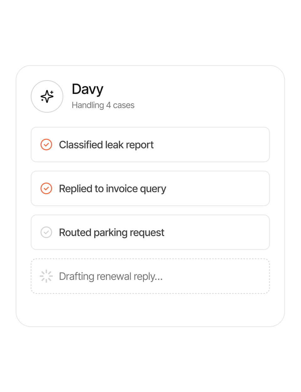 Davy, Avy's AI agent, handling four tenant cases in the support view