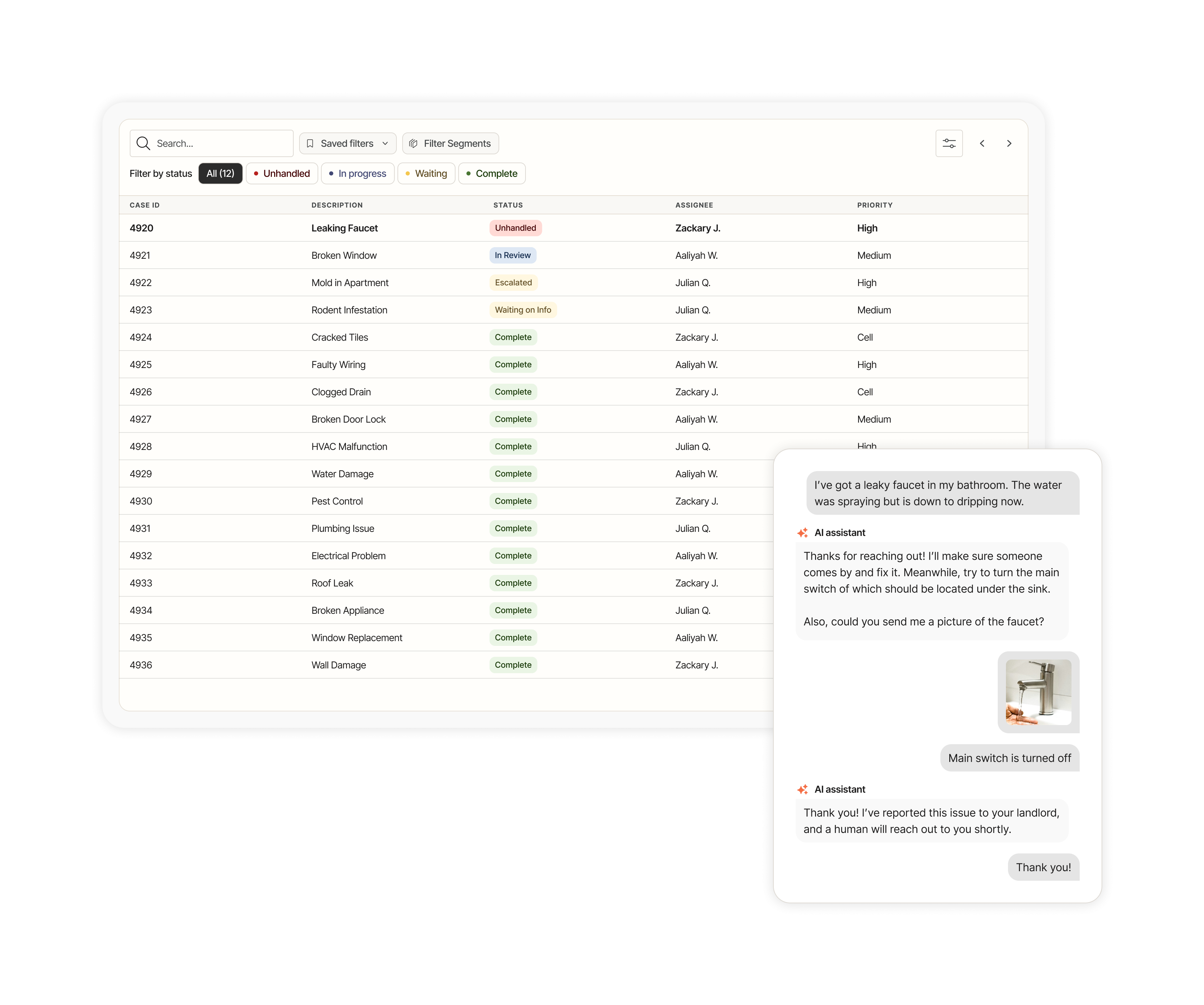 Avy case management: a case list with status, assignee and priority, next to an AI assistant chat with a tenant
