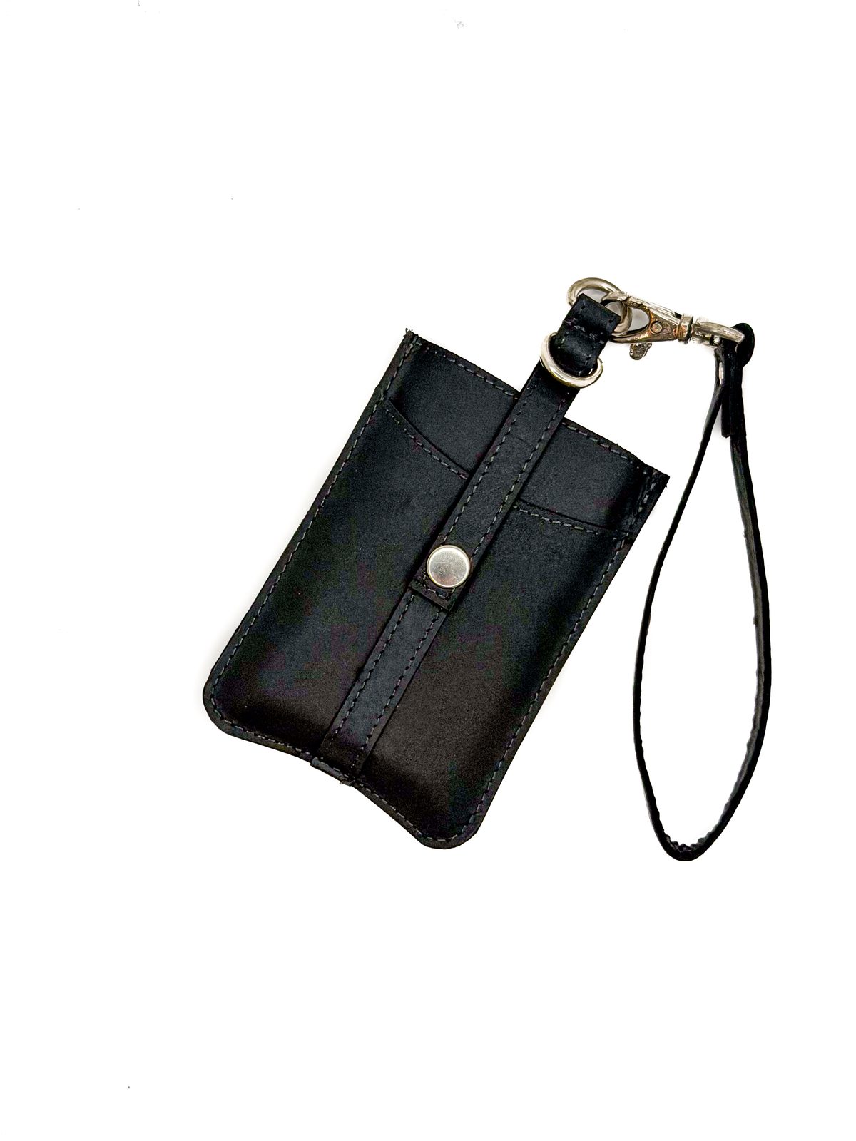A black leather pouch to protect Blushield's larger portable devices photographed on a white background