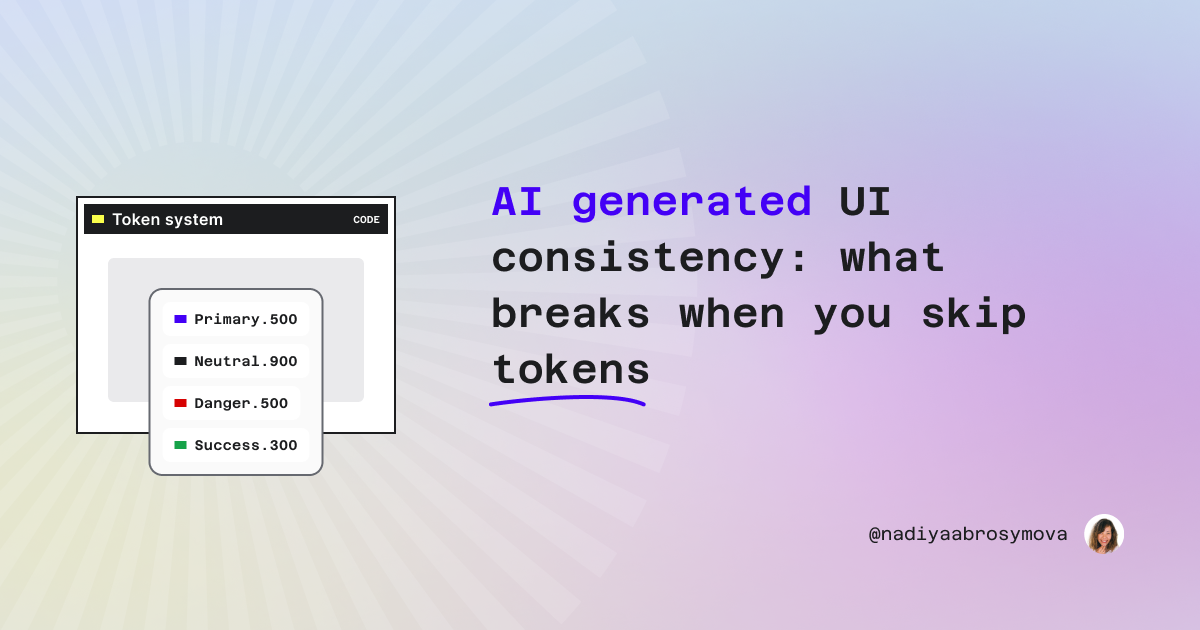 Article cover for "Visual debt at machine speed" on AI-generated UI consistency and design tokens