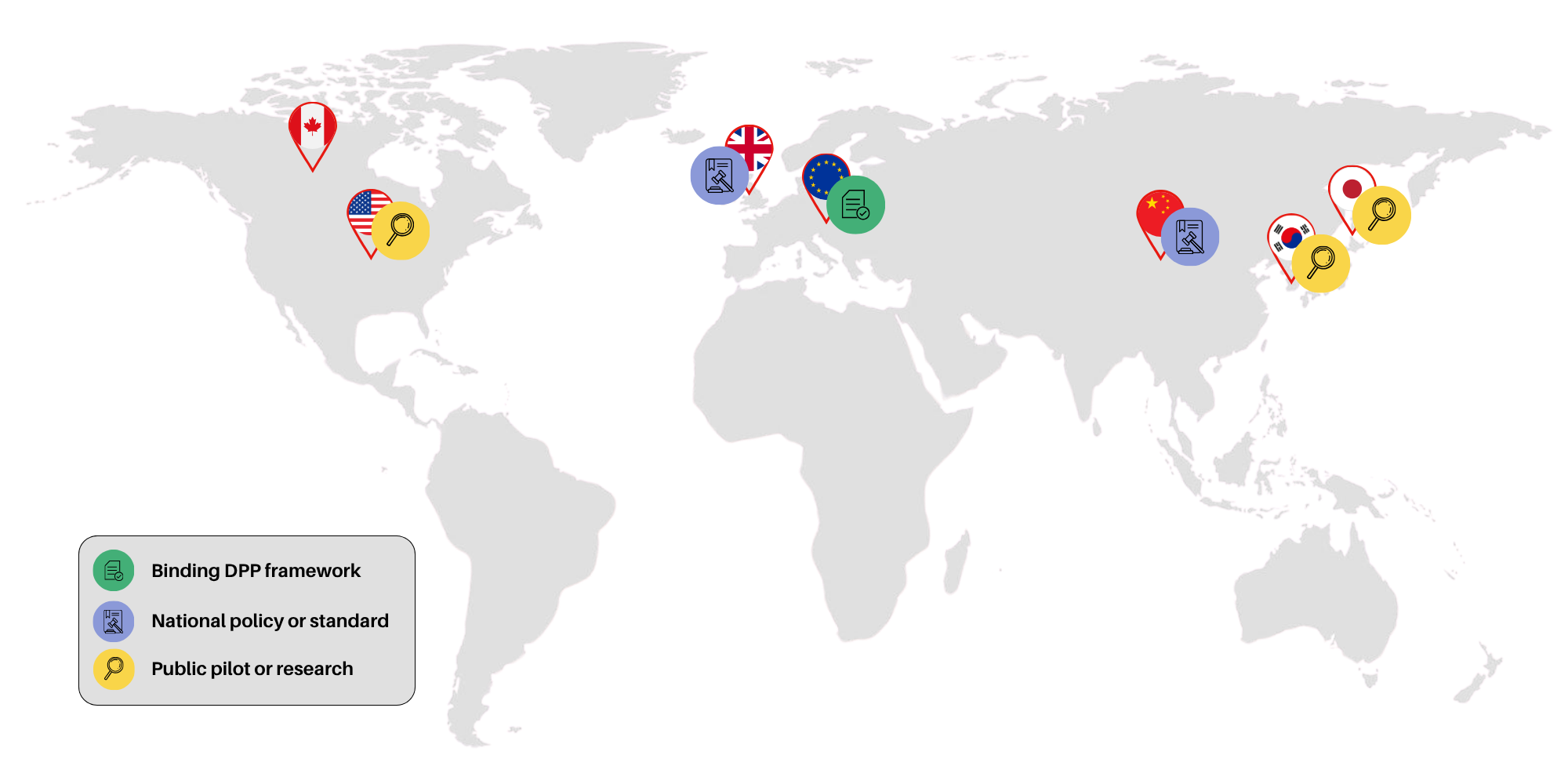 Mappa mondiale dei quadri normativi, delle politiche nazionali, degli standard, dei progetti pilota e delle attività di ricerca sul passaporto digitale di prodotto