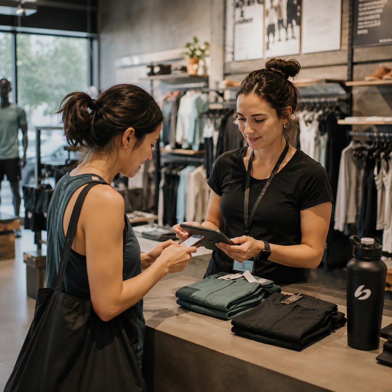 A retail associate interacting with a customer at a store counter to capture direct consumer sentiment and feedback.