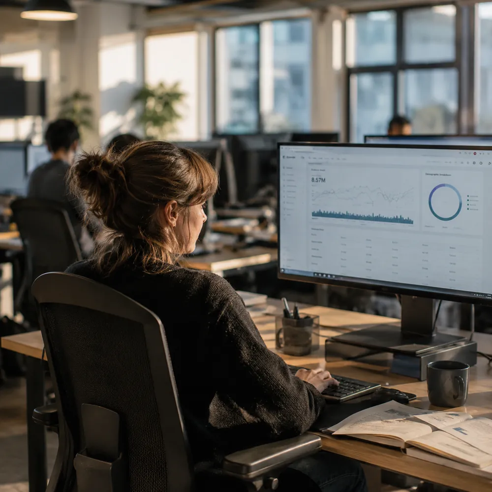 Professional reviewing data visualizations, illustrating how the Insights Platform transforms visitation datasets into actionable strategy.
