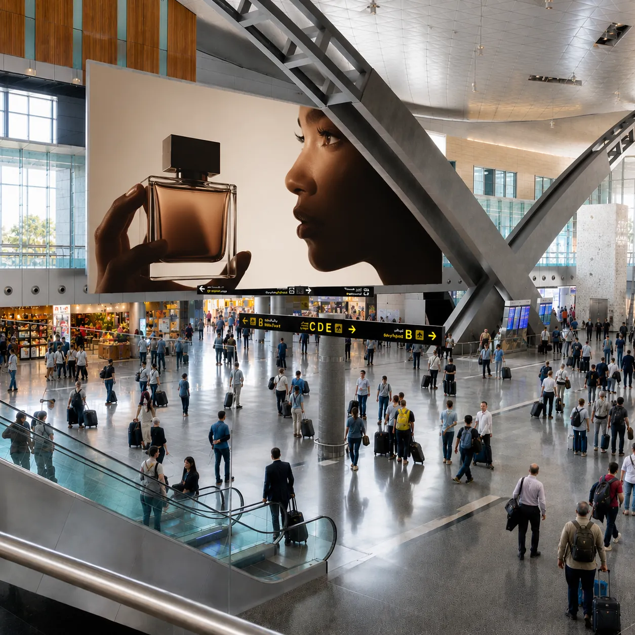 Large perfume advertisement on a digital screen in an airport terminal, representing currency-level audience measurement for DOOH.