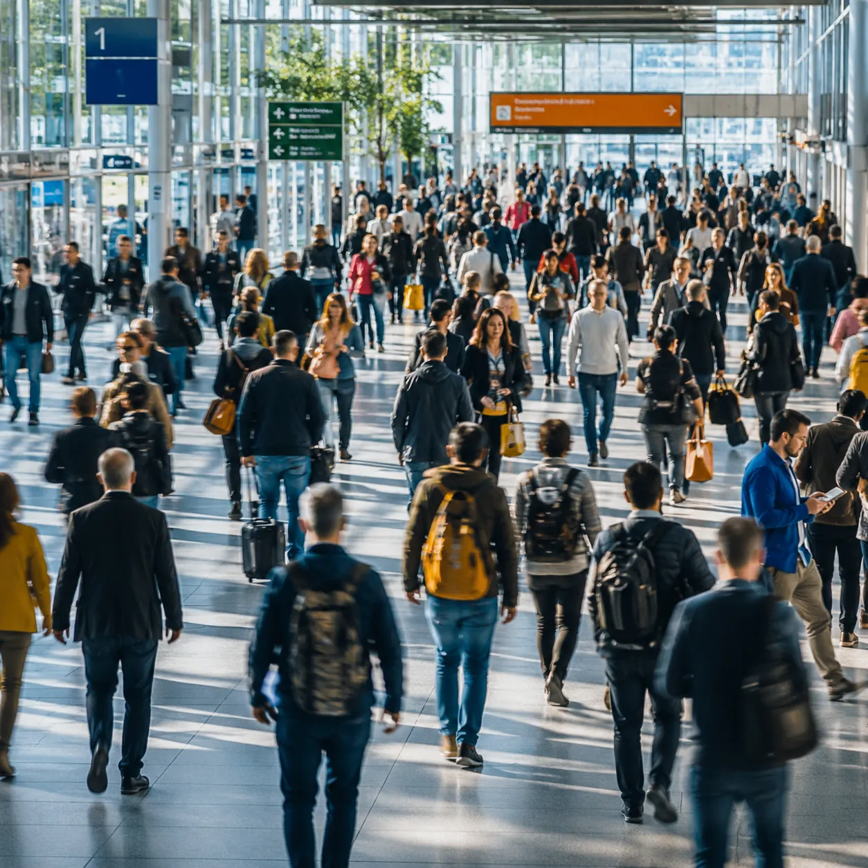 Consumers walking through a transportation terminal, illustrating deterministic foot traffic and visitation trends used to validate audience data.