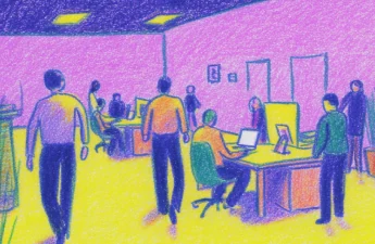A busy open-plan office with people moving between desks.