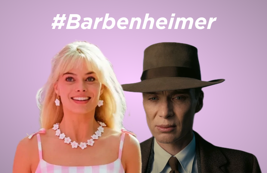 #Barbenheimer graphic featuring Barbie and Oppenheimer leads
