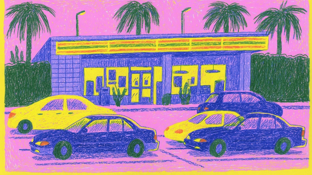 Illustration of a convenience store in a warm climate, with several cars parked outside.