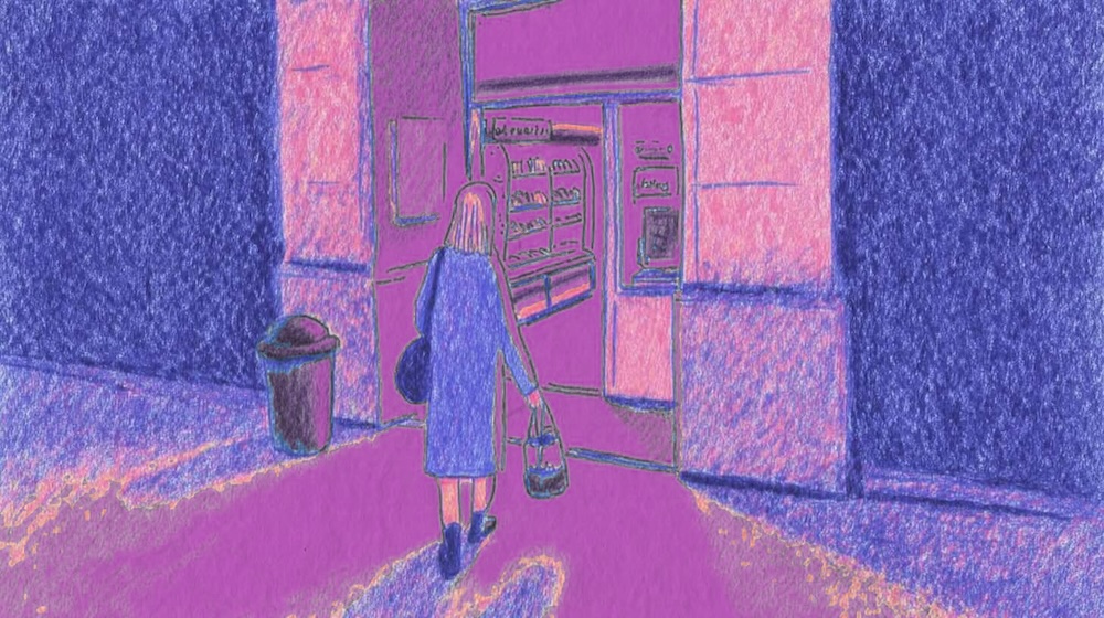 Illustration of a convenience store in a warm climate, with several cars parked outside.