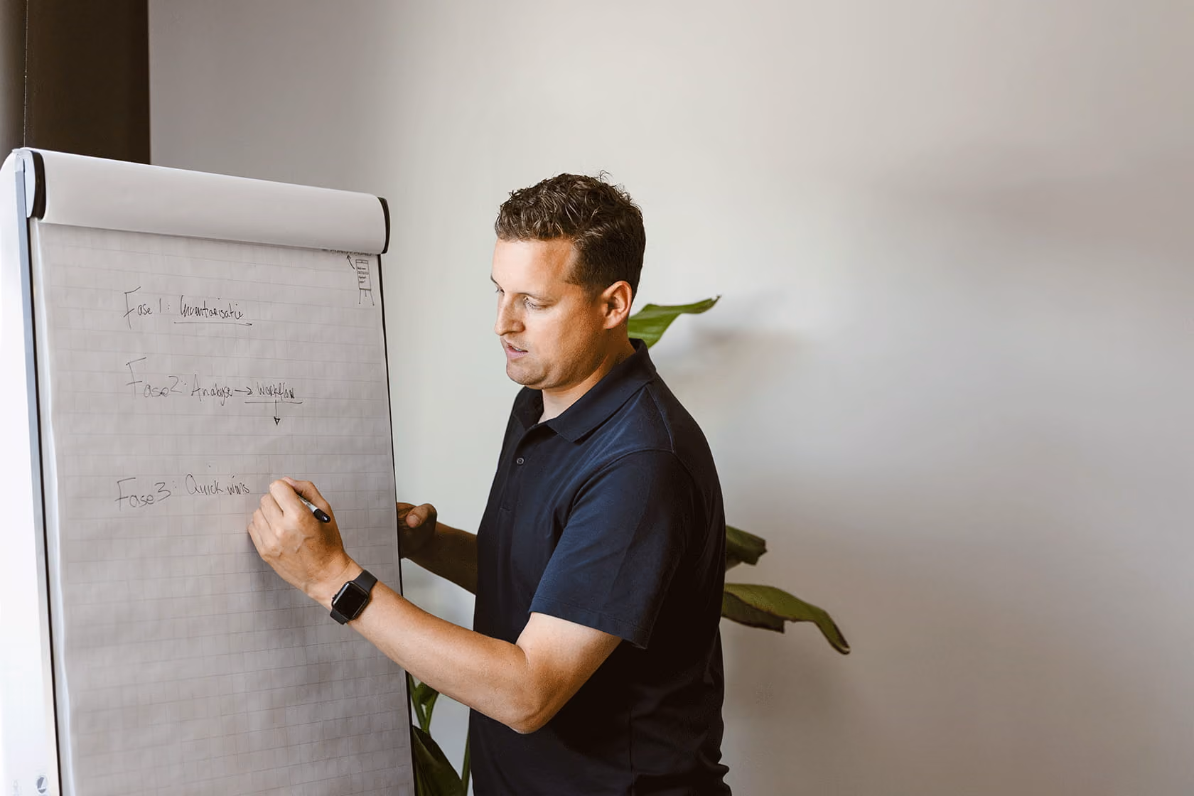 Man in black shirt writing phases on a flip chart during a meeting or presentation.