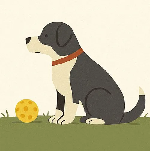 Ein Hund auf einer Wiese neben einem Pickleball (Illustration)