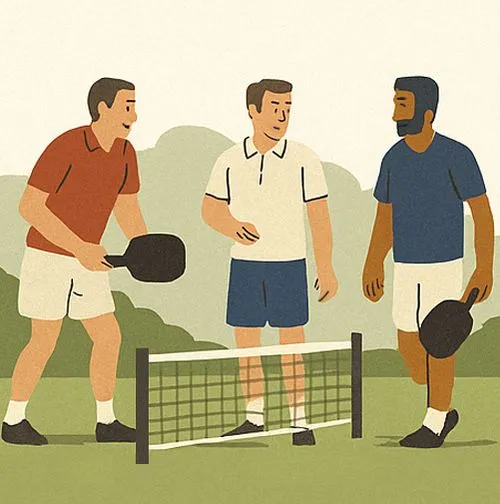 Drei Freunde vor einem selbstgebauten Pickleballnetz stehen zusammen (Illustration)