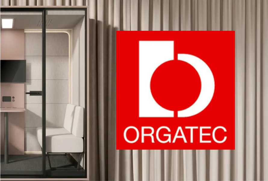 Orgatec logo next to a Poddie acoustic booth