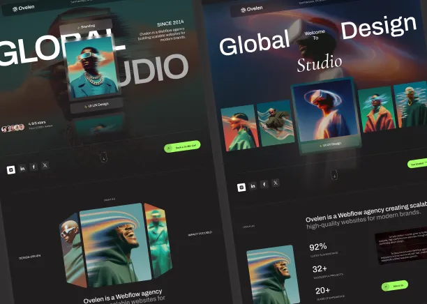 Dark-themed website layout showcasing a global design studio with images of a person in modern graphic style.
