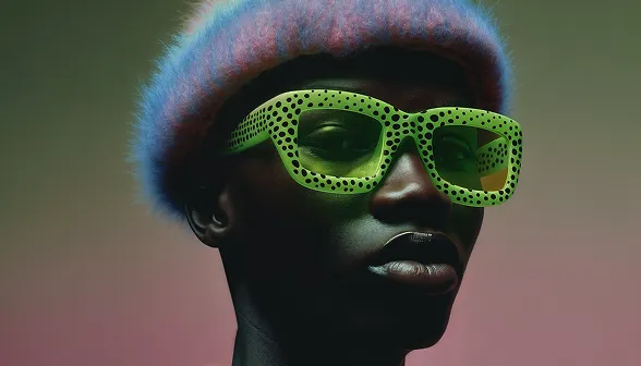Dark-skinned person wearing large green sunglasses with black dots and a fuzzy multicolor hat.